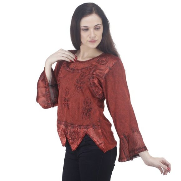 RED VICTORIAN FLOUNCING TRUMPET STYLE TUNIC TOP - Picture 2 of 5